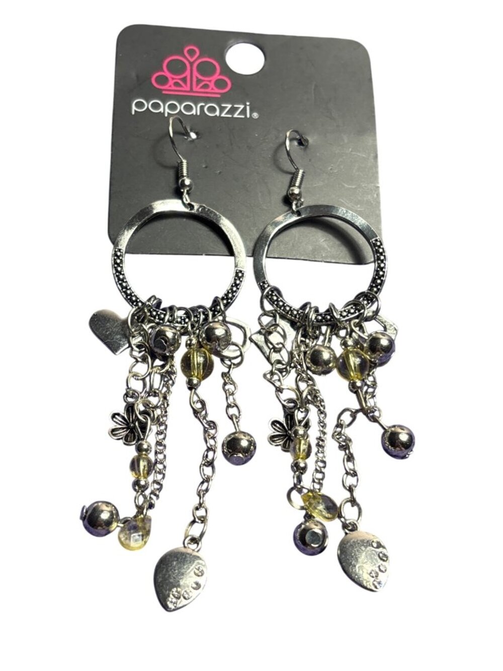 Paparazzi Silvertone Circle Dangle Earrings Beaded Chain Charms Flower Heart New